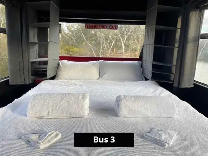 Double bed setup at the rear of a converted bus accommodation with surrounding bushland views through large windows.