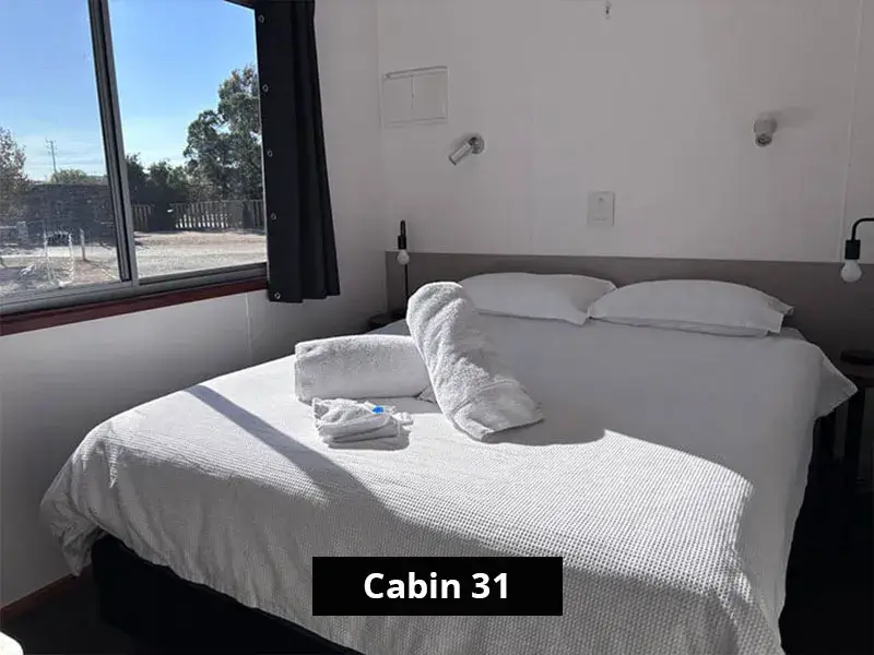 Interior of Cabin 31’s main bedroom, showcasing a queen bed with white linens, bedside lighting, and a large window with natural light.