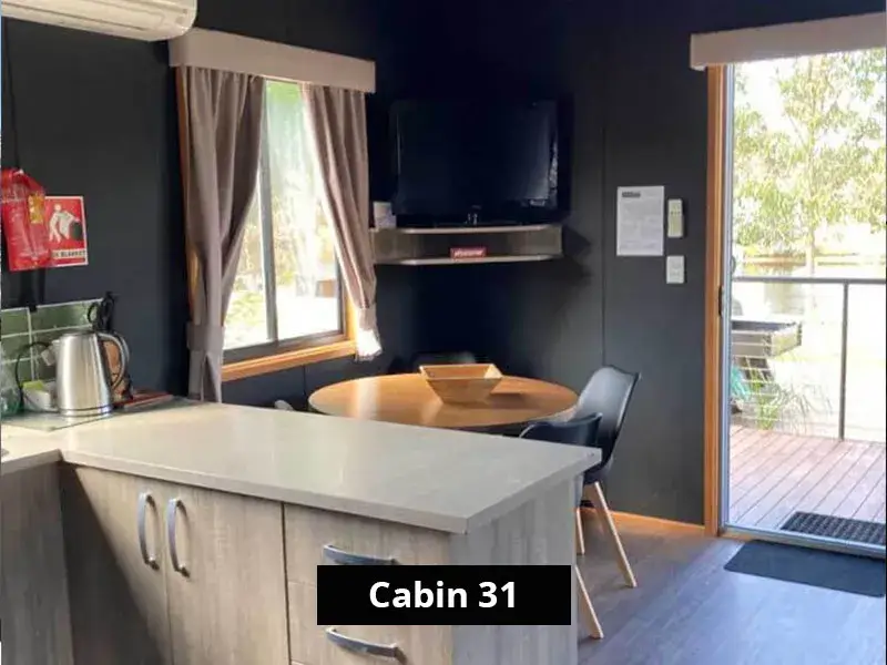 Inside Cabin 31 showing a small kitchen with benchtop, kettle, microwave, dining table, wall-mounted TV, and sliding door to the deck.