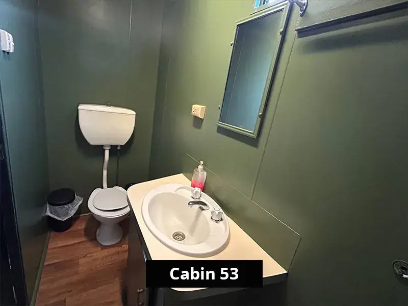 Bathroom in Cabin 53 at Grampians Gate caravan park, featuring a green-painted wall, compact sink with vanity mirror, toilet, and overhead natural light from a small window.