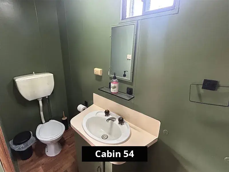 Bathroom in Cabin 54 at Stawell C&C Park, featuring a compact layout with a white toilet, sink with vanity mirror, hand soap, green walls, and natural light from a small window.