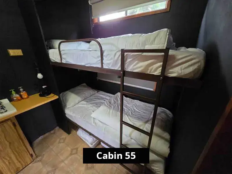 Bunk bed sleeping area in Cabin 55 at Grampians Gate caravan park, with upper and lower single beds, compact layout, built-in ladder, and a nearby sink and storage area.