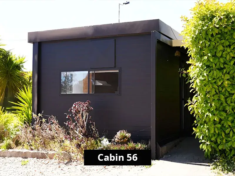 Exterior of Cabin 56 at Stawell C&C Park Grampians Gate, featuring a compact black cabin with a single window, surrounded by green hedges and drought-tolerant landscaping along a paved entry path.