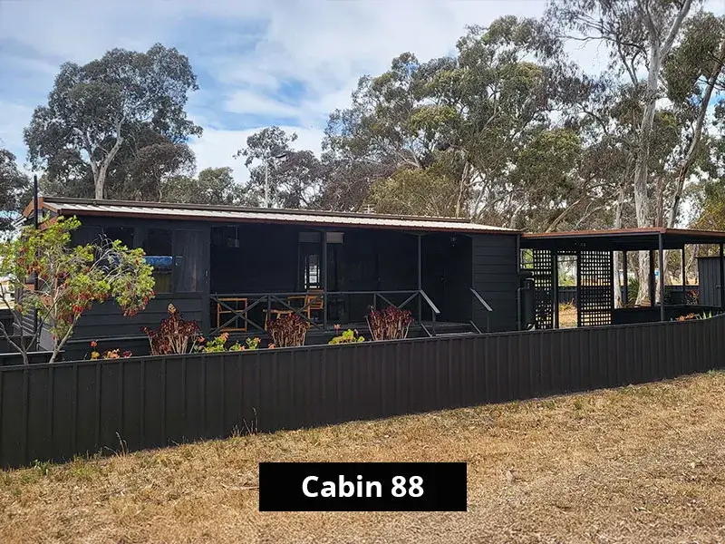 Wide-angle view of Cabin 88 showing its dark timber exterior, private veranda with seating, and fenced garden area surrounded by native bushland.