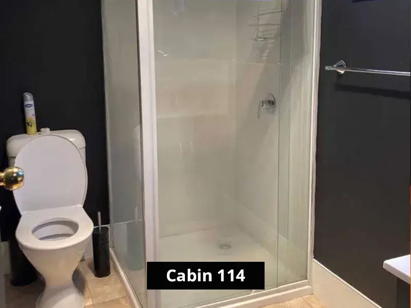Modern cabin bathroom with glass-enclosed shower, white toilet, black wall accents, and light tile flooring, inside Cabin 114.