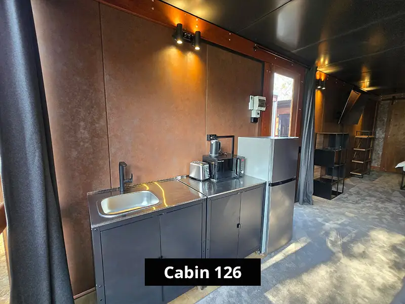 Compact cabin kitchenette with sink, mini fridge, coffee machine, and modern cabinetry in a cozy wooden interior – Cabin 126