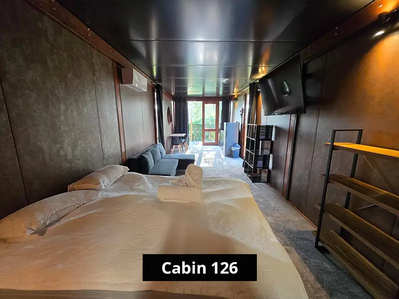 Open-plan cabin interior featuring bed, sofa, TV, and glass doors leading to outdoor deck with natural light – Cabin 126