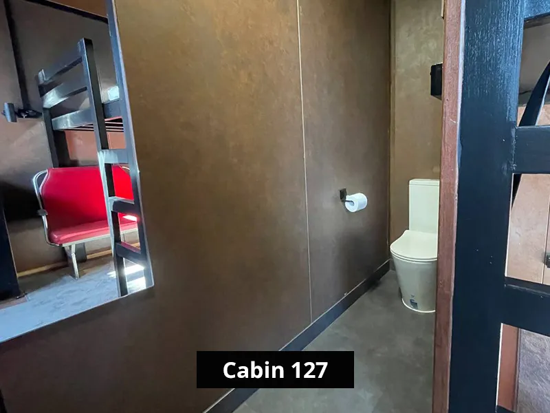 Small cabin bathroom interior with modern toilet, wall-mounted toilet paper holder, and view into compact living space with bunk bed ladder and red seating bench.