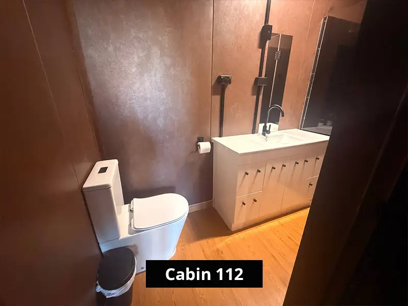 Cabin 112 bathroom with white toilet, vanity, black fixtures, large mirror, brown walls, and wood-look flooring.