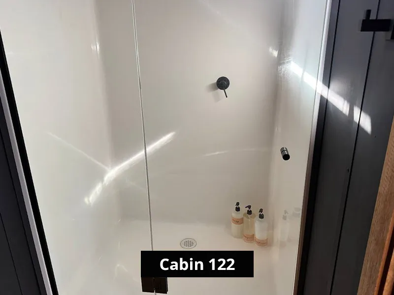 Cabin 122 white shower enclosure with black fixtures, glass door, body wash bottles, and modern compact cabin bathroom design.