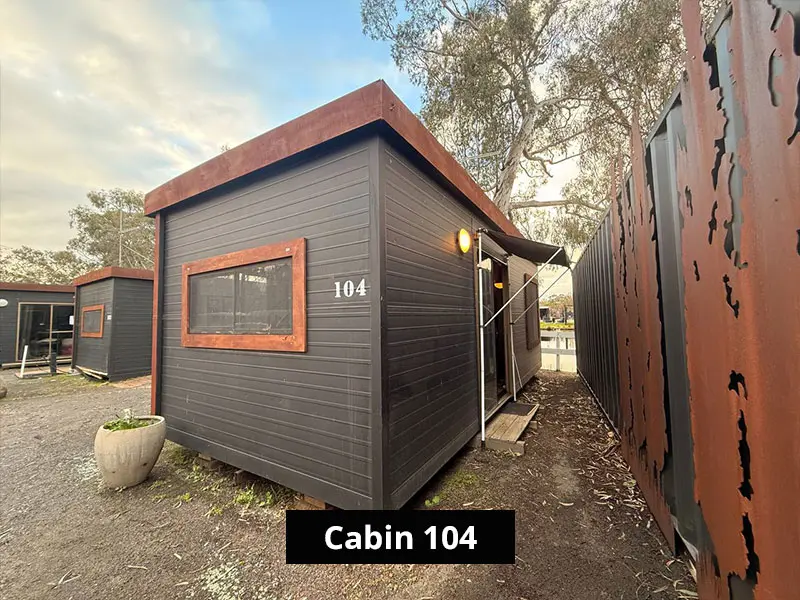 Exterior of Cabin 104 at C&V Parks Stawell, offering convenient cabin accommodation close to the Grampians in Victoria.